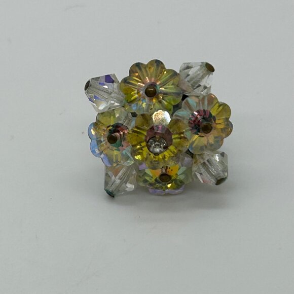 Vintage Aurora Borealis Earrings Crystal Flower Cluster Clip-On 1950-1960s - Picture 6 of 14